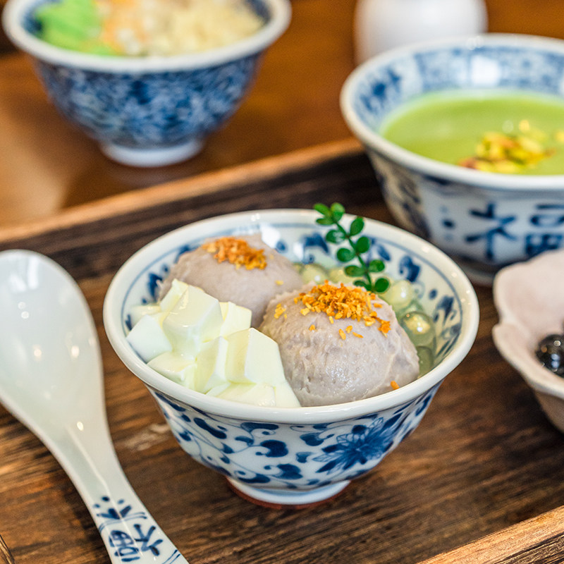 日本糖水碗高颜值广式甜品碗酸奶碗麦片冰淇淋碗 复古青花高脚碗