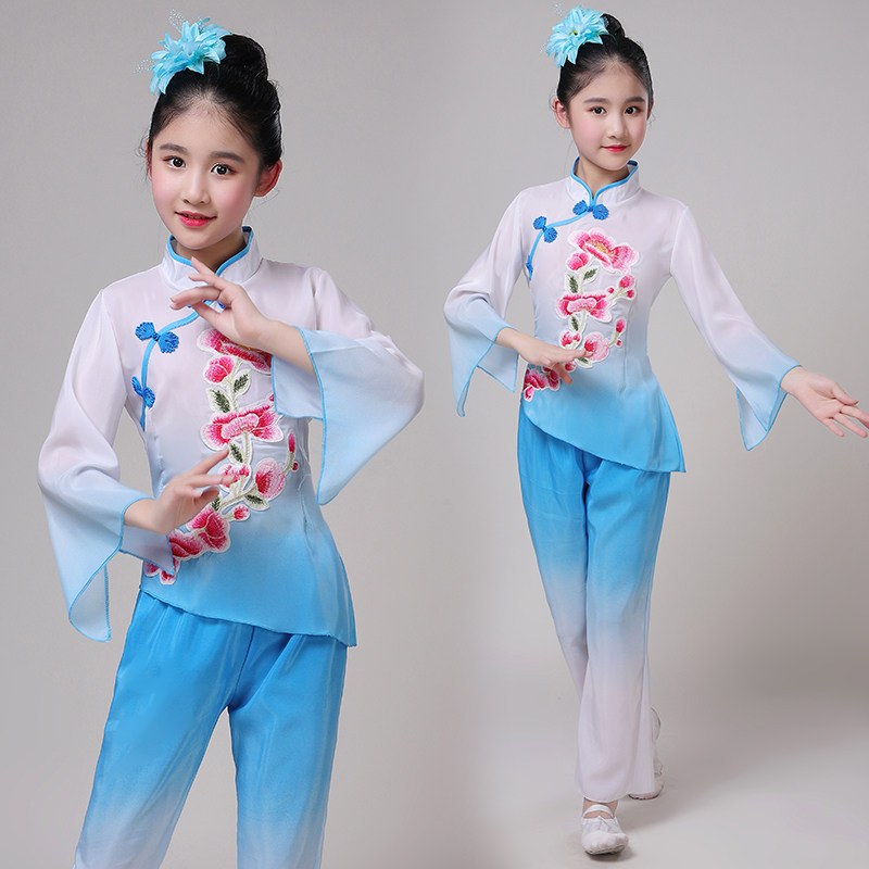 新款儿童古典舞演出服女扇子舞服装幼儿秧歌舞蹈服江南伞舞雨中花