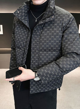 冬季男士修身加厚保暖立领羽绒服潮流字母印花外套高级感防风上衣