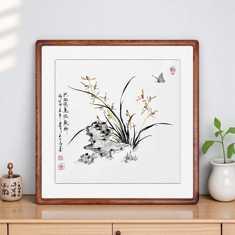 水墨画兰花图国画花鸟画纯手绘客厅装饰画书房卧室挂画实木框装裱