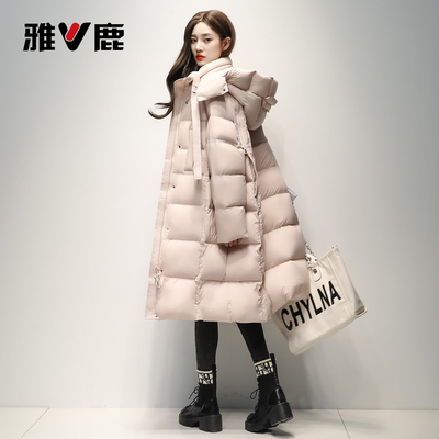 雅鹿潮牌连帽中长款羽绒服