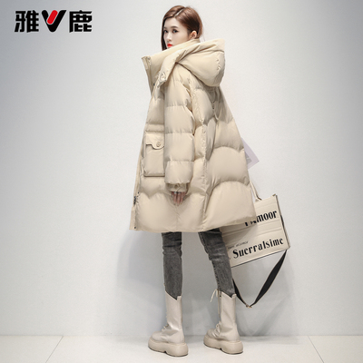 雅鹿中长款羽绒服连帽白鸭绒外套
