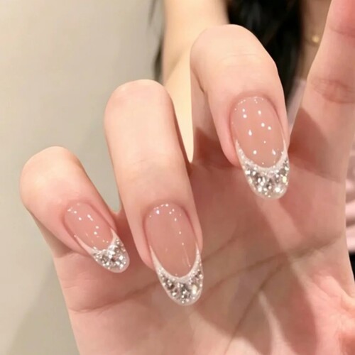 穿戴甲美甲手工中长款法式裸色