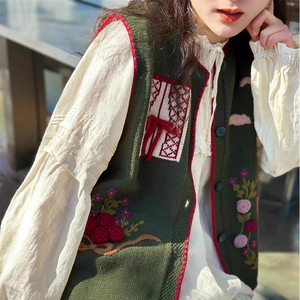 日系文艺复古绣花开衫无袖坎肩马夹宽松手工绣花背心马甲洋气上衣
