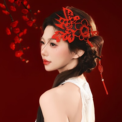 新中式头饰红色喜鹊剪纸发饰新娘国风旗袍妆造晨袍配饰拍照道具