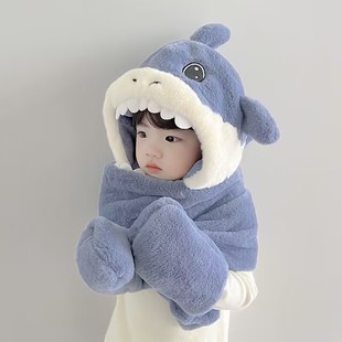 降温保暖帽子儿童围巾手套一体帽男女童卡通毛绒护耳帽