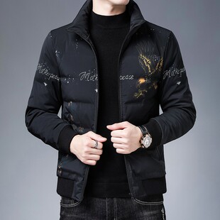 啄木鸟男装羽绒服男短款立领印花中青年韩版加厚羽绒夹克外套鸭绒