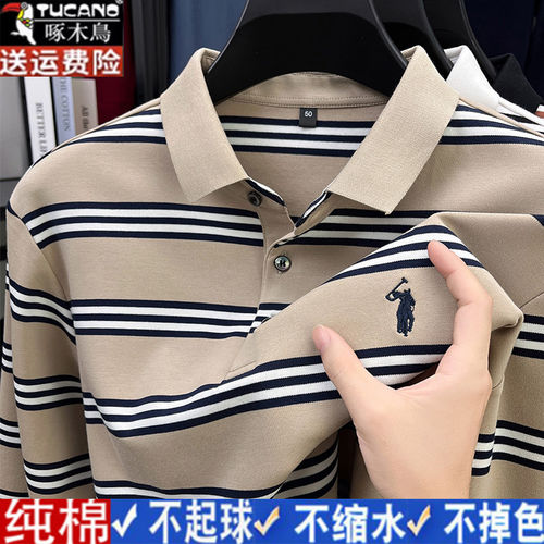 啄木鸟男士秋冬季长袖t恤翻领休闲刺绣针织POLO杉中青年体恤上衣