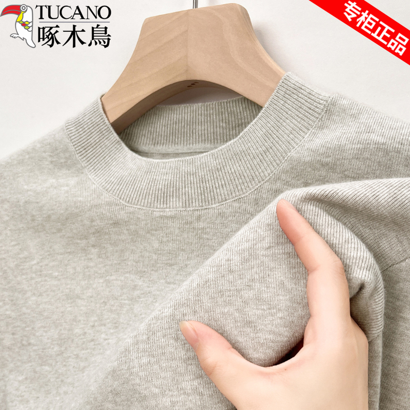啄木鸟含绵羊毛针织衫男士保暖纯色圆领打底衫秋冬百搭亲肤毛衣男
