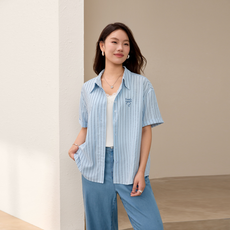 【时髦条纹复古知性通勤百搭衬衫】纤莉秀大码女装胖mm2025夏新款