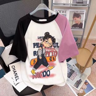 美式女童插肩短袖t恤夏季纯棉宽松复古撞色印花半袖上衣中大童潮