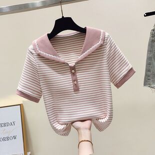 中大童娃娃领条纹纯棉短袖2023夏季新款t恤洋气撞色甜美上衣女童