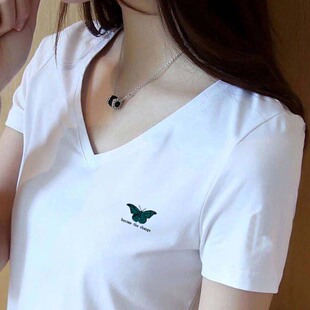潮bf纯棉打底v领上衣2026夏季鸡心领显瘦短袖t恤女白色时尚丅恤衫