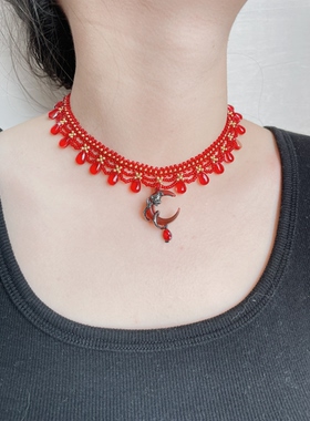 正红色波西米亚风蕾丝米珠项链女优雅简约百搭
