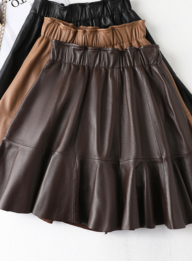绵羊皮真皮皮裙女高腰A字百褶半身裙女气质百搭松紧腰蓬蓬裙伞裙