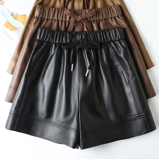 百搭抽绳显瘦外穿皮裤 高腰a字真皮短裤 潮 女秋冬新款 绵羊皮皮短裤