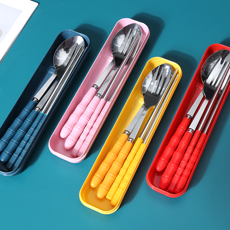 筷子勺子套装一人食便携餐具三件套不锈钢叉子单人学生可爱收纳盒