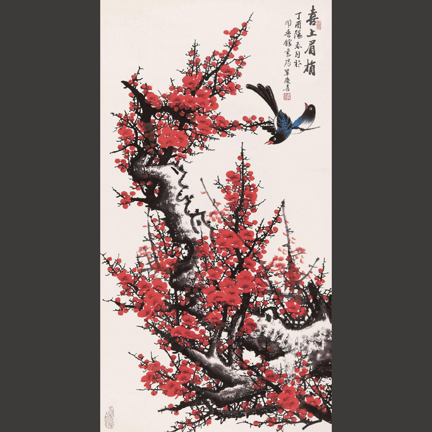 玄关国画梅花喜鹊朵莲精舍纯手绘