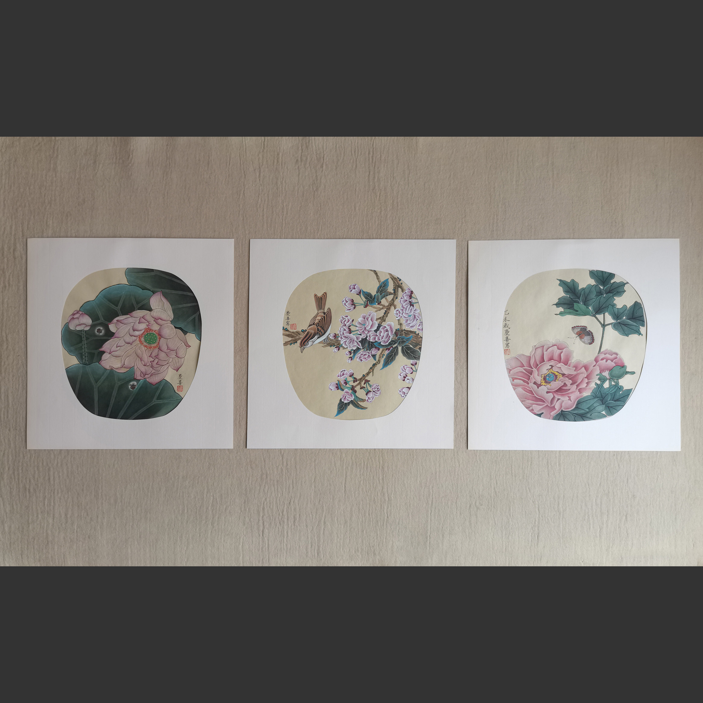 纯手绘工笔画扇面牡丹荷花麻雀新中式客厅书房卧室名家巩庆喜真迹