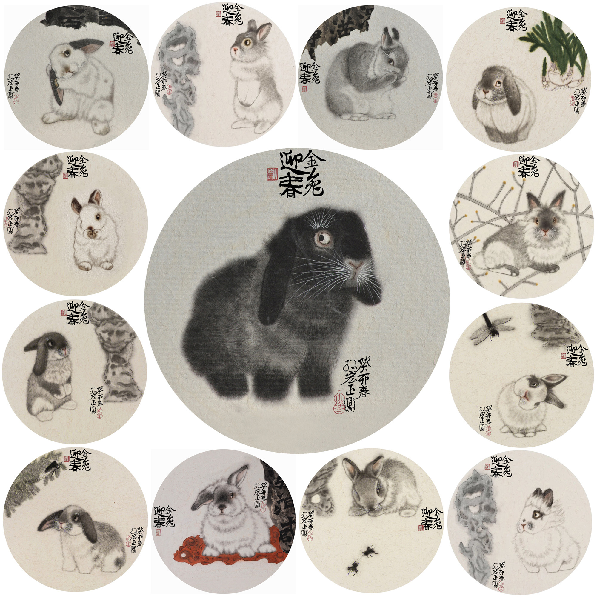 名家国画十二生肖兔子工笔圆扇面手绘斗方客厅儿童房卧室茶室挂画