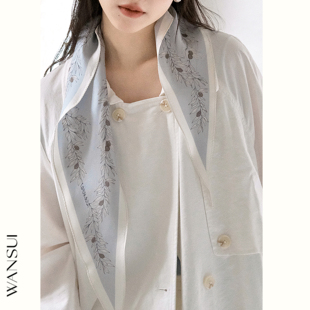 WANSUI万穗原创橄榄叶灰蓝色法式菱形真丝丝巾简约百搭领巾高级感