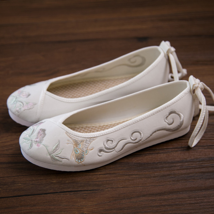 古风汉服鞋女式百搭复古平底系带古装绣花鞋中国风绑带演出鞋