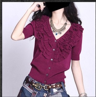 2022新款春秋季女装v领时尚木耳边针织开衫秋装短袖毛衣外套潮