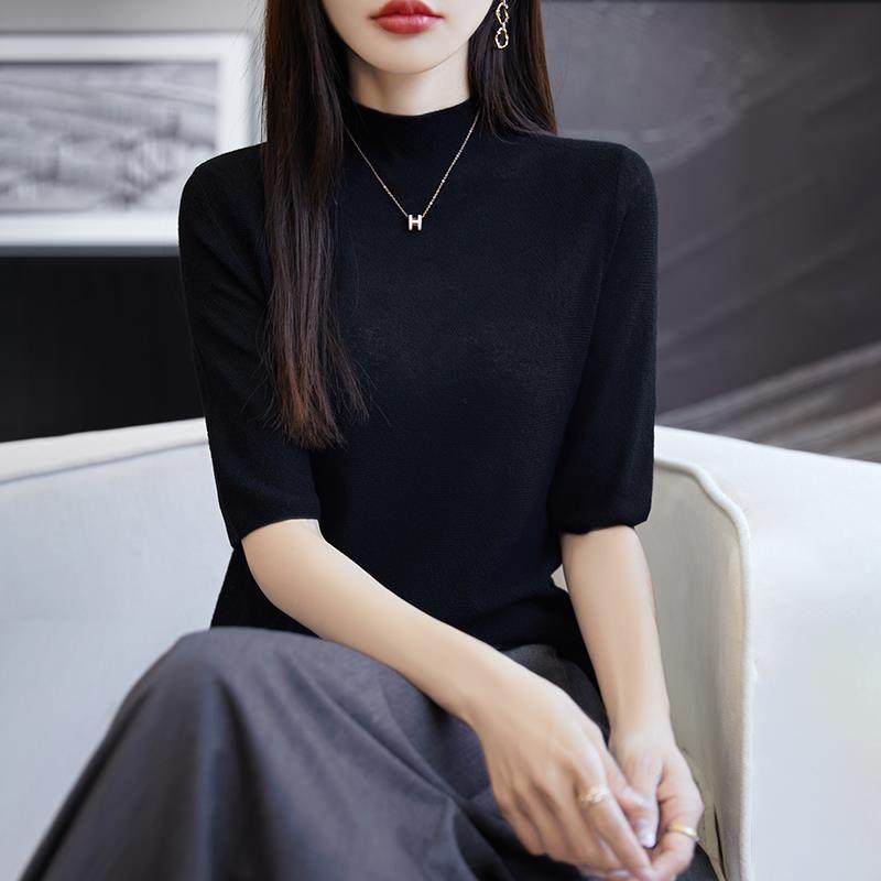60支精纺丝光羊毛半高领中袖针织衫女气质百搭菠萝针五分袖打底衫,女装/女士精品,毛针织衫,淘宝优惠券,粉丝福利购,淘宝优惠卷