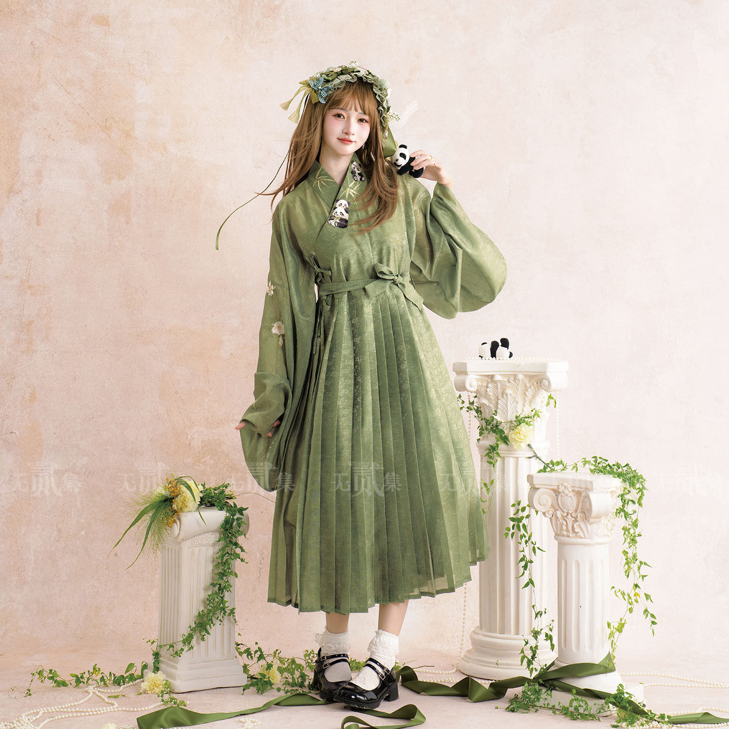 无贰集【竹枝团团】明制熊猫贴里压褶裙日常连衣裙中国风春夏汉服