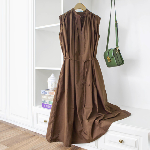 复古大气 咖啡色半开襟立领无袖宽松A字系带收腰全棉背心连衣裙