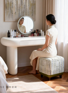 MOSE翠韵玄律梳妆凳原创设计棉麻刺绣沙发凳芥末绿布艺高端换鞋凳
