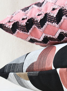 默色空间粉色波纹双面流苏抱枕美式沙发条纹揽枕卧室床头大靠垫套