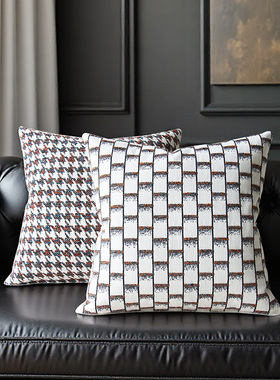 默色空间色织竖纹格子双面抱枕中古风绣线靠枕意式沙发方形靠垫套