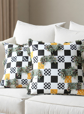 默色空间溢彩丛林双面抱枕立体流苏样板间软装中古风棋盘格方靠垫
