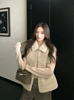 环保水貂翻领短款皮草马甲女秋冬