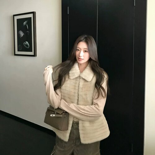 环保水貂翻领短款皮草马甲女秋冬