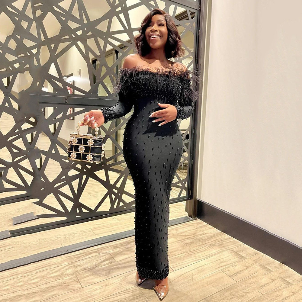 欧美大牌一字肩紧身包臀生日女装