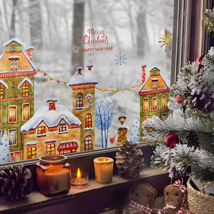 北欧圣诞客厅奶茶店窗户贴伦敦街景插画静电无胶双面玻璃贴膜