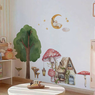 北欧森林墙贴纸复古宝宝房间墙壁装饰布纹幼儿园布置贴纸创意贴画