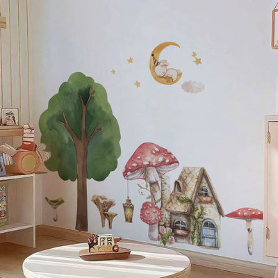 北欧森林墙贴纸复古宝宝房间墙壁装饰布纹幼儿园布置贴纸创意贴画