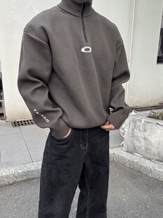 自留款!OAKLEY锯齿刺绣Logo休闲简约轻量针织衫半拉链立领毛衣