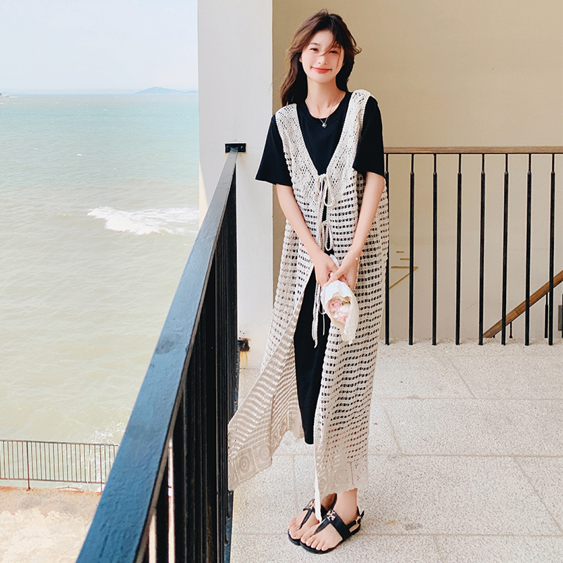 法式镂空针织罩衫叠穿连衣裙套装女2025夏季新款高级感气质两件套