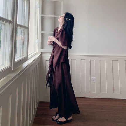 咖啡色连衣裙套装女2025夏季新款高级感绝美雪纺上衣半身裙两件套