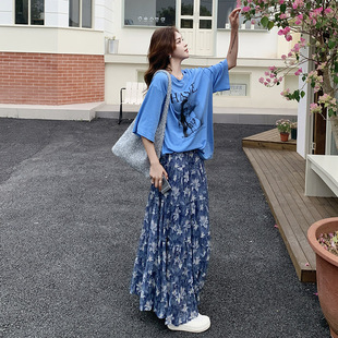 两件套 巨好看蓝色碎花半身裙套装 女夏季 微胖穿搭2025新款 休闲时尚