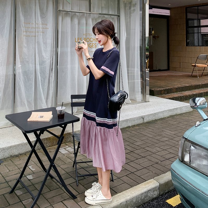 法式撞色拼接连衣裙女夏季2025新款高级感小众设计宽松减龄T恤裙