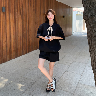 上衣显瘦短裤 黑色学院风系带套装 短袖 女2025年夏季 穿搭一整套 新款