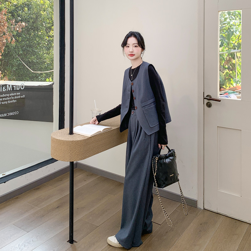 高级感灰色西装马甲套装女2025春季新款ootd穿搭气质阔腿裤两件套