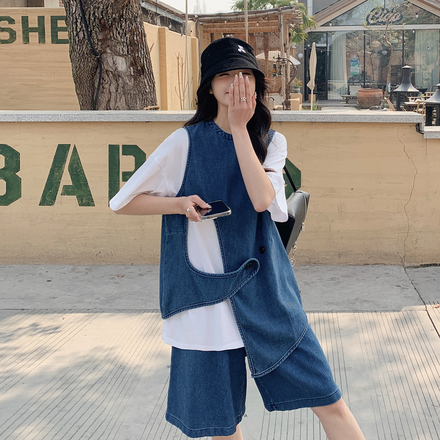 设计感牛仔马甲套装女夏季2025新款韩版小个子宽松休闲短裤两件套