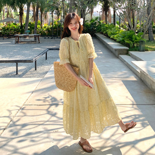 黄色超好看蕾丝刺绣连衣裙女2025年夏季 长裙 新款 绝美温柔风泡泡袖