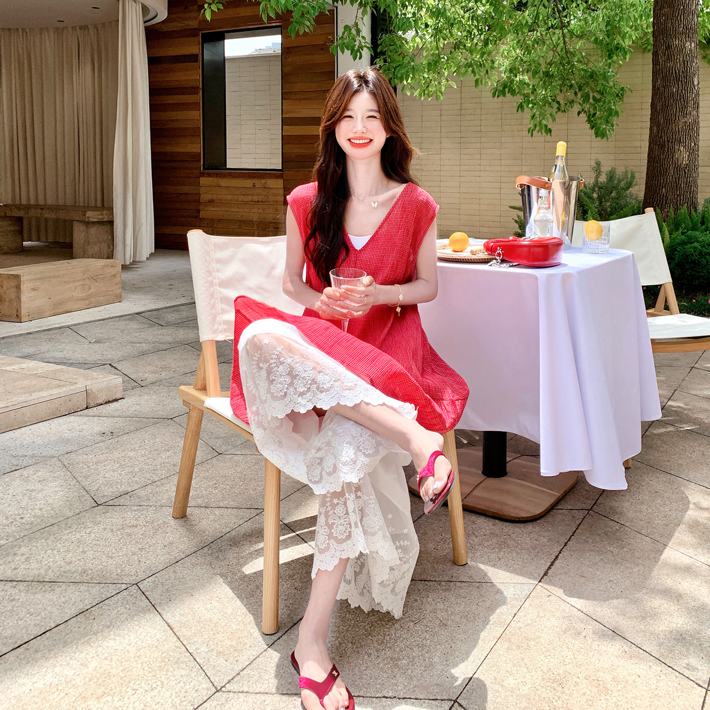 红色超好看V领背心套装女2025夏季新款蕾丝拼接阔腿裤减龄两件套